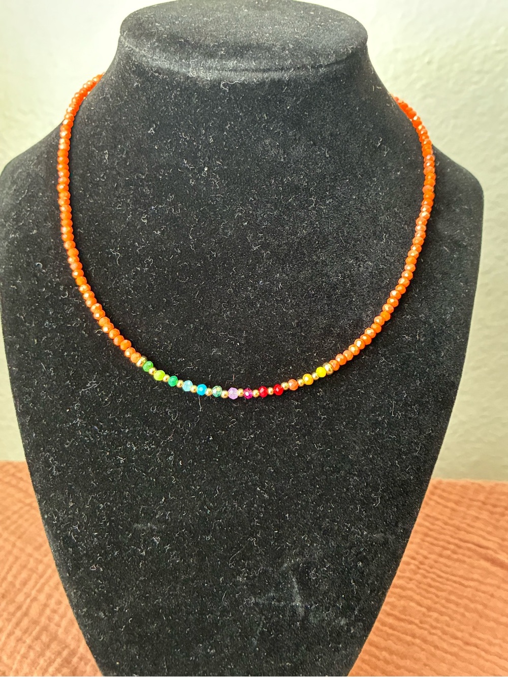 Orange Beaded Necklace with Rainbow Accent